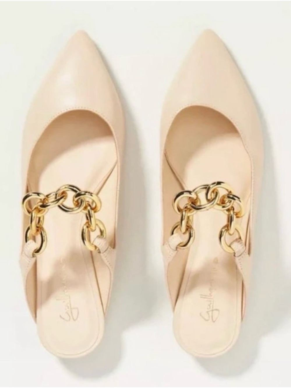 Anthropologie Guilhermina Nude Pointed-Toe Slip-On Flats with Gold Chain